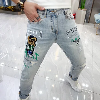 Дънкови мъжки дънки с бродерия анимационни азбука, тънки крака, с тенденция тежката промишленост, корейски марка, панталони Vaqueros Hombre 2023