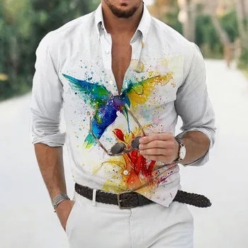 Ризи с цветни Птици, Мъжки Модни Риза, Хавайски Ризи С Дълъг ръкав, Кубинската Плажна Блуза, Мъжки Дрехи, Бели Ризи С Цветен Модел