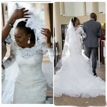 Сватбени рокли на Африканската Русалка, Vestido De Noiva, Черни Дамски Дантелени рокли за момичета с дълги ръкави, ушити по поръчка За Младоженци