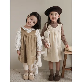 Шарени бархатное рокля за момичета, Безплатно детско Корейското ежедневна рокля на подтяжках, Пролет-Есен 2023, нови дрехи
