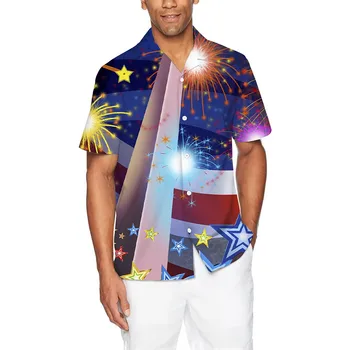 Вельветовая риза Мъжка Мода и свободно време 3D Дигитален печат с Ревери Копчета, Ден на Независимостта, Риза с къс ръкав, Мъжки ризи, Блузи