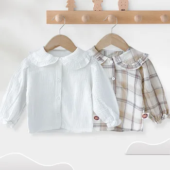 2023, Пролетно-есенна Корейска детска тениска за момиченца, Памучен Блуза с дълъг ръкав и копчета за момиченца, Универсален топ за малките момичета