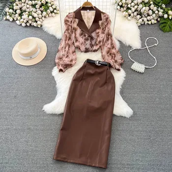 Елегантна Есенна риза и яка, Комплект от 2 теми, Женски Свободни Блузи с флорални принтом и Пищните ръкави + Колан от изкуствена кожа, пола, midi, костюми