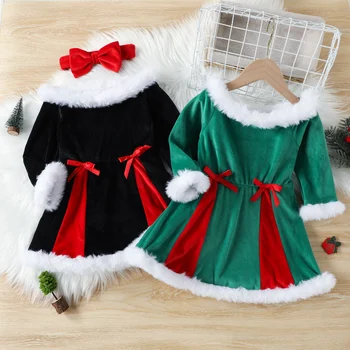 Комплект Коледа рокли за малки момичета от изкуствена кожа, Детски празничен костюм, дрехи за партита, Есен-пролет, с превръзка на главата, 3-7 години