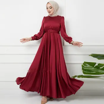 Просто Арабското вечерна рокля Трапецовидна форма, с цвят на червено вино, Атласное, с дълъг ръкав и кръгло деколте, с цип отзад с панделка, в сгъвката, за партита, Дубай