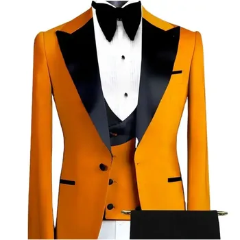 Оранжеви Мъжки костюми, комплект от 3 теми, Черен Сатен Костюм с Ревера Homme, Смокинг на Младоженеца на Сватбата, Сако, Жилетка, Панталони, Ушити по поръчка Облекла