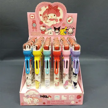 Канцеларски материали Sanrio Сачмен печат, шест-цветен химикалка писалка Kuromi Cinnamon Dog Melody, Многоцветен имат дръжка