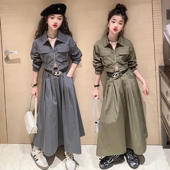 Корейски комплект от две части, поли-карго за момичета, дрехи, ризи с цип, Модерни дневни детски костюми 10, 12, 13, 14 години