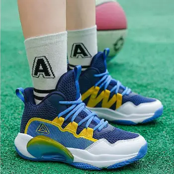 Детски баскетболни обувки 2023, нова окото дишащи спортни обувки за момчета, маратонки за бягане с високо берцем за реална бойна подготовка на учениците