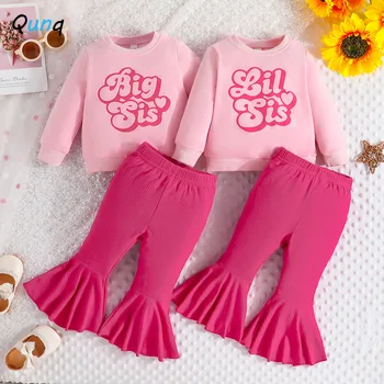 Qunq/Новост есента 2023, Модерен Топ с дълги ръкави и писмото принтом за момичета + разкроена панталони, Комплект от 2 теми, ежедневни бебешки комплекти на възраст от 3 до 8 години