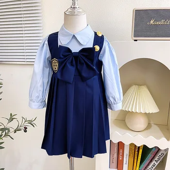 Рокля за момичета, Мода 2023, Есенно-зимни дрехи, Образование тъмно синя рокля за малки момичета Рокля с лък, Детски дрехи от 2 до 7 години