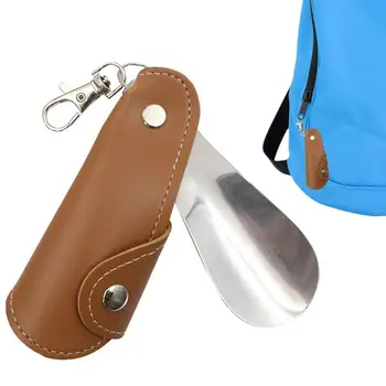 Ключодържател-рог за обувки за пътуване, Преносим ключодържател-рог за обувки от неръждаема стомана за пътуване, калъф от изкуствена кожа, инструмент за изпомпване на обувки За деца и възрастни