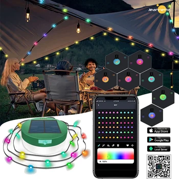 Слънчеви Гирлянди за къмпинг Слънчев Гирляндный лампа RGB Smart APP Контрол, Акумулаторна батерия Bluetooth led Външен водоустойчив лека нощ