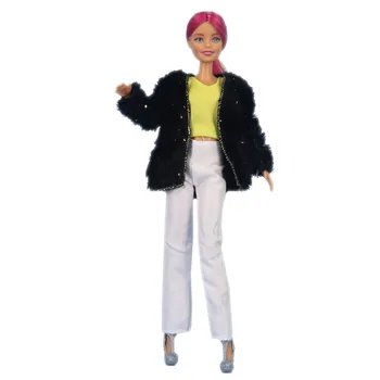 Модерен комплект кукольной облекло за кукли Барби, ежедневни облекла, Черно леко палто, Бели Панталони, Жълта жилетка, Облекло за кукли 1/6, Аксесоари за кукли