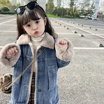 Новост зимата 2023 г., детска деним яке в корейски стил за момичета, отложной яка, плътно топло палто с дълги ръкави за момичета Q749