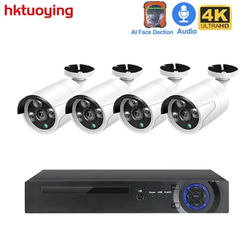 H. 265 + 4CH 4K 8MP POE Комплект Система за Сигурност Аудиозапис, Rj-45 5MP4MP IP камера Външно Водоустойчива за Видеонаблюдение Видео NVRFace Откриване