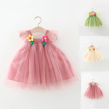 Нова лятна рокля на Принцеса на бретелях за малки момичета 2023 г., Прозрачно Сетчатое Бална рокля с апликации, Буйни рокли vestido infantil menina