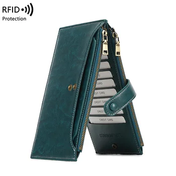 Класически държач за карти с RFID заключване, Дълъг портфейл, двоен джоб с цип, портмонета за монети, богат на функции тънка чанта с 19 отделения за карти
