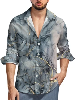 Хавайска риза, Свободни Мъжки Потник, Риза с дълги ръкави и копчета от мрамор графичен принтом, Ежедневна блуза с цветен модел, модни дрехи за мъже