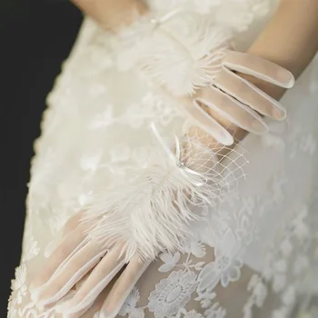 Дамски мрежести дантелени ръкавици с лък, сватбени ръкавици, дължината на китката, по цял пръст, прозрачен аксесоар за сватбени партита