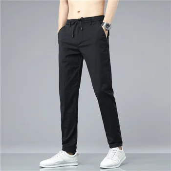 Летни мъжки тънки ежедневни панталони от плат Ice Silk, корейската мода, участък, оборудвана приятелка, бързо съхнещи панталони цвят Каки, сиво мъжки