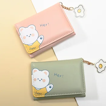 Корейската версия на малък портфейл женски карикатура печат малко прясно сгъваем портфейл ПУ мода Дамска чанта многофункционална чанта