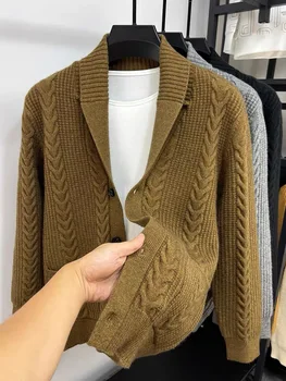 Разширено жаккардовый жилетка в клетка с диаманти, пуловер, мъжки есенно-зимния нова тенденция, младежко ежедневното вязаное палто с дебела джоб и ревери