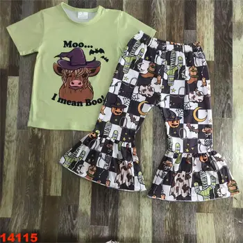 Комплекти Дрехи в стил уестърн за малки момичета на Хелоуин, тениска с принтом волска кожа зеленина и тыквенными кактуси, разкроена панталони, Детски дрехи