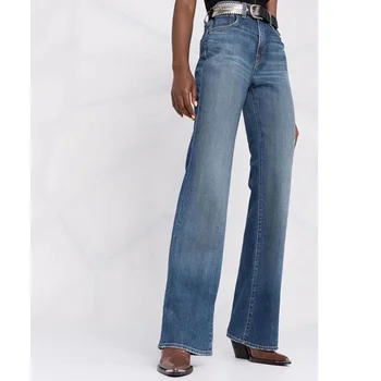 23 Дизайнерски панталон-клеш от подиумного однотонного памук, модни Дънки с висока талия и двойни джобове, Реколта универсални дънки, Новост за жени