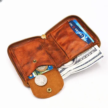 Женски Мъжки портфейл от естествена кожа, Ретро Кратък мъжки портфейл ръчно изработени двойни ципове, Държач за кредитни карти джоб за монети