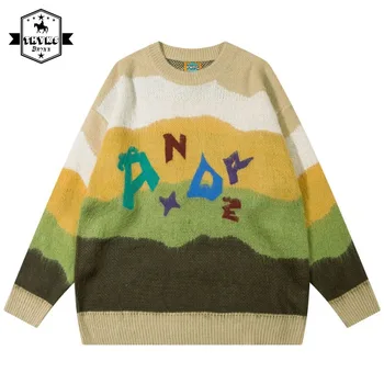 Ретро пуловер в американската лента, Мъжки Есента Y2K, Оверсайз, Възли Пуловери с цветни писмото принтом, Провиснал Жилетка в стил Харадзюку, Унисекс