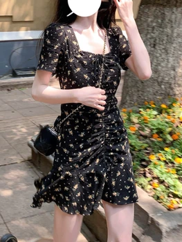 Лятото Елегантна мини рокля с цветен модел 2023, Женско Френско винтажное сладко вечерна рокля, Секси приталенное ежедневното пълномаслено корейското модно Y2k