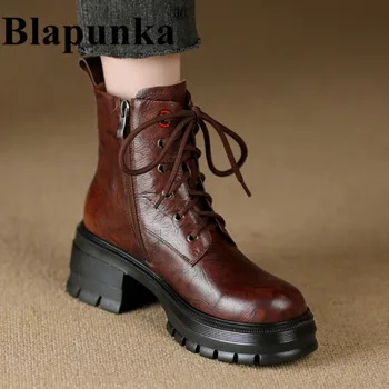 Blapunka/ Дамски обувки от естествена кожа с Високо Качество На масивна блок ток, Ботильоны в готически Стил на Платформа изработени Ръчно с Появата на шнур, Дамски Обувки с цип
