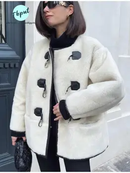 Жена топло плюшевое дебели палта, Модни однобортные палто с дълъг ръкав, Есен-зима, Дамски Ежедневни Свободна Къс яке