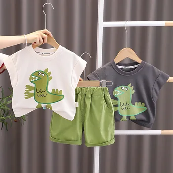 Комплекти ежедневни облекла за момчета, летни тениски без ръкави, с модел на динозавър от картун + шорти, 2 бр. тениска за момчета, детски дрехи, костюм от 1 до 5 години