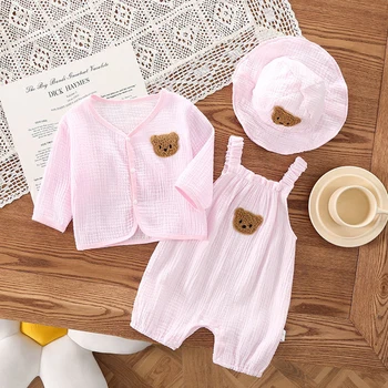 Дрехи за малките момичета от 1 до 2 години, Розови муслиновые комплекти дрехи за малките момичета, Сладък украшение с анимационни мечка, Комплект костюми за бебета, Гащеризон