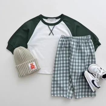Корейски топ с ръкави в стил мозайка + проверени панталони, пролетта и есента случайни комплект за момчета и момичета, бебешки дрехи