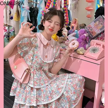 Onalippa Kawaii, Розова мини рокля с волани и цветен Модел, Сладки Закръглени Рокли в стил мозайка с къси ръкави, Корейски Пуловер Трапецовидна форма