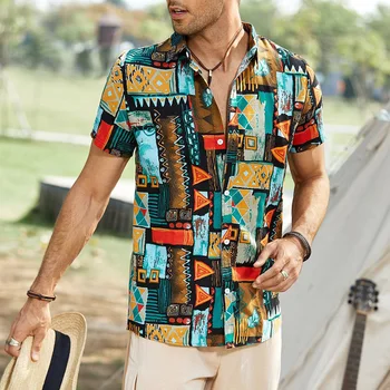 Хавайски плажната ветровка с къс ръкав и цветна принтом, Летен случайни Свободен топ с къс ръкав в ретро стил с абстрактно принтом, мъжки дрехи