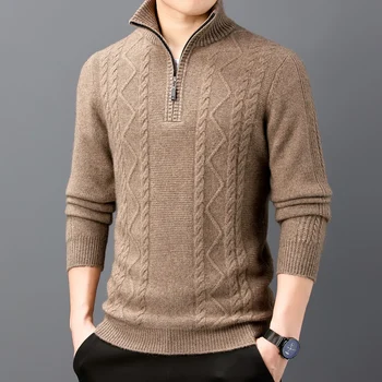 Мъжки вълнен пуловер от 100% чиста вълна, полупрозрачна поло, зимни сгъстено жакард пуловери с цип, мъжки пуловер