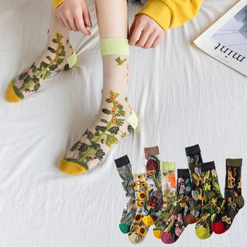 Женски-тънки летни чорапи, Модни Висококачествени чорапи в стил Харадзюку със слънчоглед, лозя, Кристални Копринени дишащи дамски чорапи