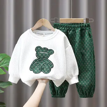 Детски есенен костюм 2023 г., нов пролетно-есенен детски пуловер, памучен дрехи за момичета, детски спортни комплекти от две части с анимационни мечка