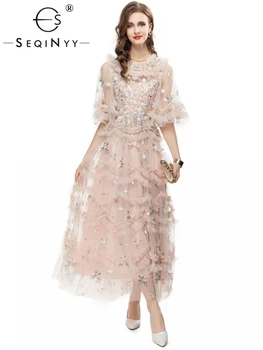 SEQINYY Елегантна вечерна рокля Midi Розов Цвят, Реколта цветна бродерия, Мрежести яка, Къс ръкав-фенерче, Високо качество, лято и пролет