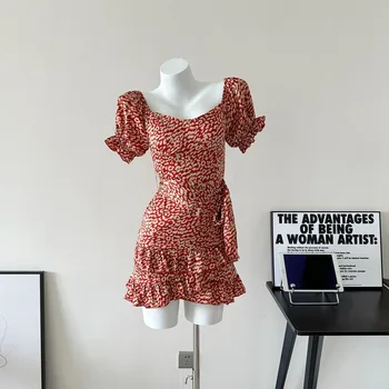 Секси Рокля с квадратна яка и цветисти принтом с къс ръкав 2023, дебнещ Винтажное женствена рокля с рюшами