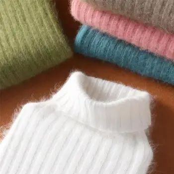 Есенно-зимния нов норковый вълнен пуловер с ворсистым яка, женски вязаный пуловер с дъното, без дълъг ръкав, обикновен смешник, топъл