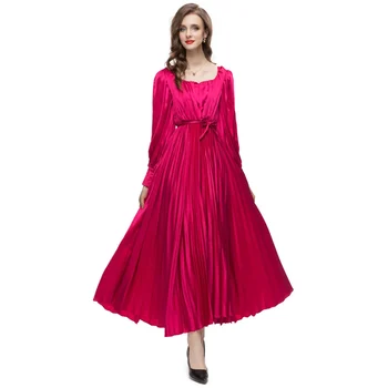 Есенното облекло на Жените Зелена/Розово-червена С Квадратна яка и дълъг ръкав, плиссированное вечерна рокля с дължина до щиколоток