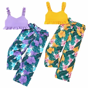 Модерен летен комплект дрехи за момичета, съкратен топ, тениска, риза и панталони, Бебешки дрехи с цветен модел, Детски дрехи, Плажен Тропически бутик