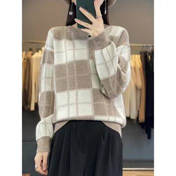 Модерен Нов пуловер в контрастен цвят в клетка, Женски есенно-зимния пуловер от 100% вълна, дебели Модерен Свободен пуловер в контрастен цвят