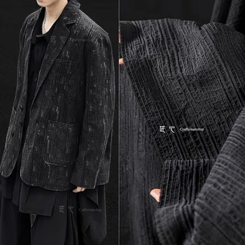 Черно жакард Scar 80% Памук, 20% коноп, ветровка за измиване в тежка вода, палто с 3D текстура, плат за дрехи