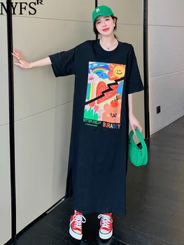2023 Лятото Ново Женствена рокля в Корейски стил, Vestidos Robe Elbise, Свободни Дълги Рокли Големи Размери с къс ръкав и Анимационни Принтом